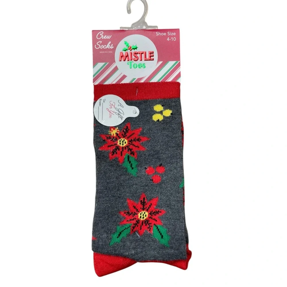 Mistle Toes Crew Socks Christmas Holiday Poinsettia Festive Shoe Size 4-10